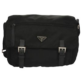 Prada Double Buckle Flap Messenger Bag Tessuto Large Black