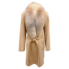 Autre Marque Abrigo de lana con cuello de piel de zorro camel Fleurette y cinturón Camello