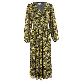 Ganni Printed Mesh Midi Wrap Dress in Yellow Polyamide Other