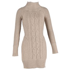 Temperley London Turtleneck Cable Knit Mini Dress in Beige Wool Beige