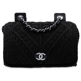 Chanel Black CC  Medium Woven Crochet Knit Single Flap Black