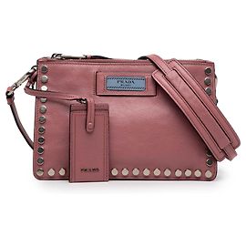 Prada Pink Glace Couro Studded Etiquette Crossbody Rosa