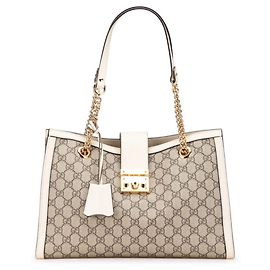 Bolsa Tote/Shoulder Gucci GG Supreme Padlock Medium com corrente Branco Bege