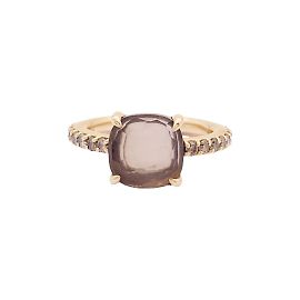Anel Pomellato, "Baby" em ouro rosa, quartzo rosa e diamantes marrons. Outro