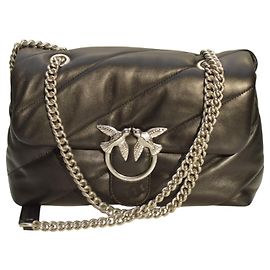 Bolsa de ombro em couro preto acolchoada Pinko Love Puff Medium com alça de corrente Preto