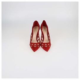 Gianvito Rossi Red Suede and Mesh Maxine Laser Cut Pointed Toe Pumps Red