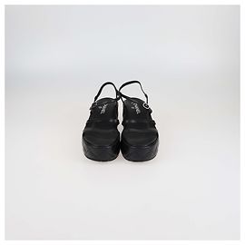 Chanel Black Quilted Leather Logo Wedge Ankle Strap Sandals Black