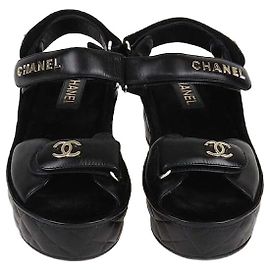 Chanel Black Quilted Leather Logo Wedge Ankle Strap Sandal Black