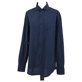 Brunello Cucinelli Dark Blue Cotton Basic Fit Button Front Long Sleeve Shirt Dark blue
