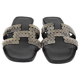 Hermès Hermes Black Leather Clou De Selle Oran Sandals Black