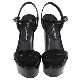 Dolce & Gabbana Black Patent Keira Platform Ankle Wrap Sandals Black