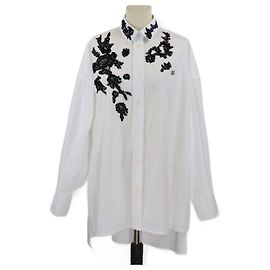 Camicia oversize in popeline di cotone e pizzo applicato bianca/nera di Dolce & Gabbana Altro