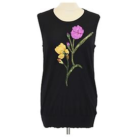 Dolce & Gabbana Black Wool Knit Rose Beads Detail Sleeveless Top Black