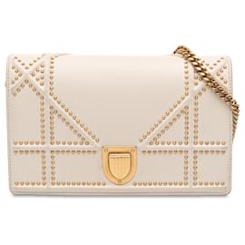 Dior-Dior White Studded Lambskin Diorama Wallet on Chain-White,Eggshell
