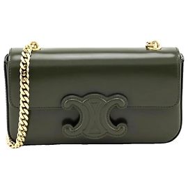Bolsa de ombro Céline Triomphe Flap Chain em couro caqui Cinza