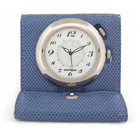 MONTBLANC M29419 TRAVEL CLOCK BOHEMIAN BLUE LEATHER CASE TABLE CLOCK Silvery