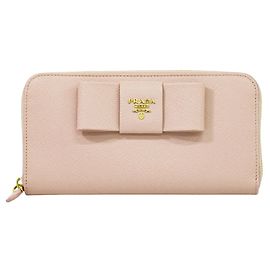 Prada Bow Zip Around Wallet Saffiano Leather Long Pink
