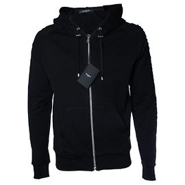 Balmain, schwarzer Kapuzencardigan mit geprägtem Logo Schwarz