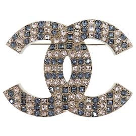 Chanel Coco Mark Strass Brosche Silber Weiß Blau