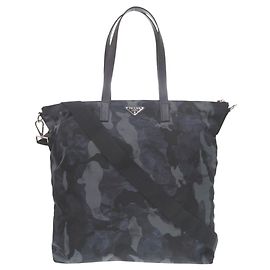 Prada 2-Way Camouflage Nylon Tote Bag Black Navy blue