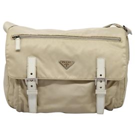 Prada Double Buckle Flap Messenger Bag Tessuto Large Beige