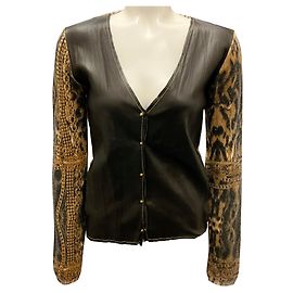 Vintage 2003 brauner Multi-Leder und Leopardenstrick-Cardigan von Roberto Cavalli Braun