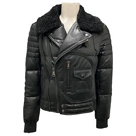 Polo Ralph Lauren Black Lamb Shearling Fur Collar Lambskin Leather Bomber Jacket Black