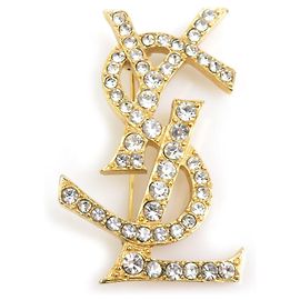 Broche de metal YSL Yves Saint Laurent com strass Prata Dourado