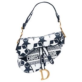 Bolsa de Sela de Lona Branca Bordada com Estrelas Dior Branco
