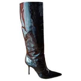 DOLCE & GABBANA DEVOTION GLOSSY CALF LEATHER BOOTS. Black