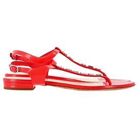 Sandálias T-Strap com logo Chanel em couro de bezerro vermelho Vermelho