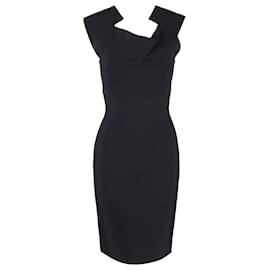 Roland Mouret-Roland Mouret Draped Neck Detail Cap Sleeve Dress in Black Viscose-Black