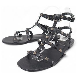 VALENTINO ROCKSTUD SCHUHE SANDALE 37 IT 38 FR AUS SCHWARZEM LEDER FLACHE SCHUHE Schwarz