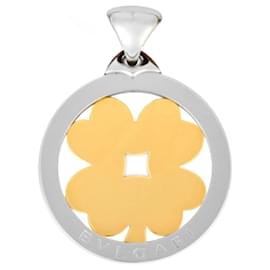 Bulgari Bvlgari Tondo Clover Anhänger Halskette aus Edelstahl mit 18K Gelbgold und Schnur Braun
