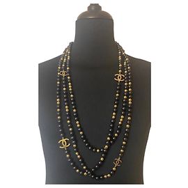 Collana a 3 fili extra lunga 4 CC in perle specchiate nere e dorate 16S di Chanel Nero Gold hardware