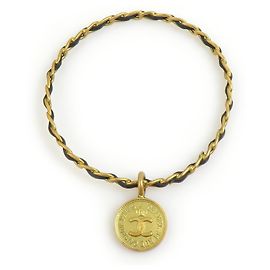 Pulseira de couro preta e dourada Chanel Preto Dourado