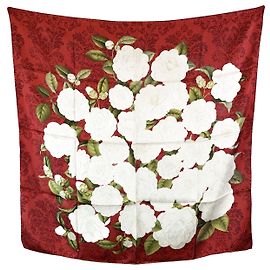 Chanel Bufanda de seda roja vintage con estampado floral de camelia blanca Roja