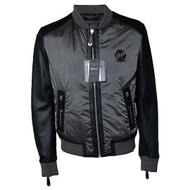 Philipp plein, Grey nylon and leather bomber jacket Grey