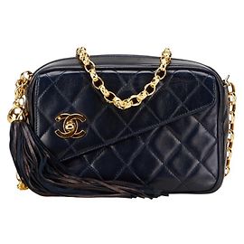 Borsa a spalla con catena e frange Coco Mark Matelassé di Chanel Blu navy