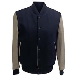 Autre Marque-Mr. P. Melton Bomber Jacket in Navy Blue Wool and Leather-Blue,Navy blue