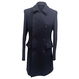 Prada Double-Breasted Coat with Pockets in Navy Blue Wool Blue Navy blue