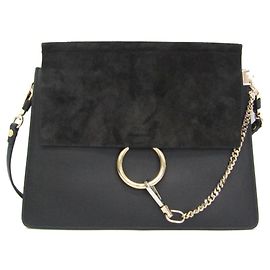 Chloé Faye Medium Leather and Suede Shoulder Bag Black