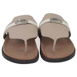 Hermès Hermes Grey/White Leather Empire Flat Sandals White Grey