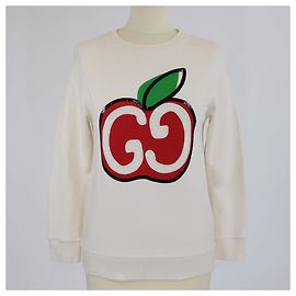 Autre Marque Gucci Kinder Sweatshirt aus cremefarbenem Baumwollstoff mit GG und Pailletten-Apfel-Logo Roh