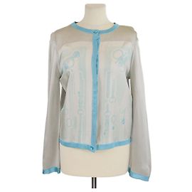 Hermès Hermes Blue/Beige Silk Planche d'Etude Print Button-Up Long Sleeve Cardigan Blue Beige