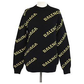 Schwarzer/gelber Wollstrickpullover mit Balenciaga-Logo überall Schwarz Gelb