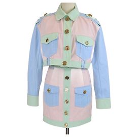 Conjunto de chaqueta corta y falda de mezclilla de algodón con acentos en bloques de color de Balmain Otro