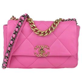 Bolsa de mão Chanel em couro acolchoado rosa Medium 19 com aba e alça superior Rosa