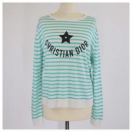Pull en maille à rayures monochromes blanches et vertes avec logo Christian Dior Blanc Vert