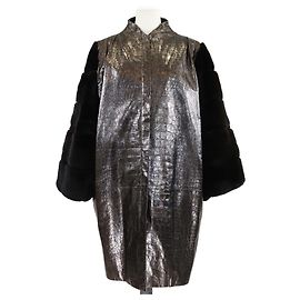 Versace Metallic/Black Croc Embossed Leather and Fur Zip Up Coat Black Metallic